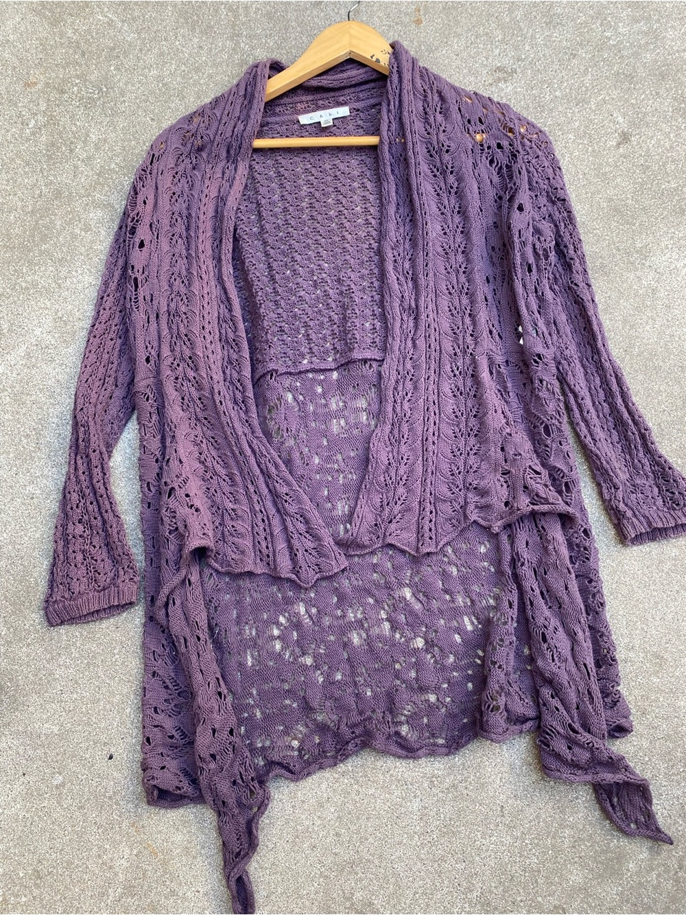 Cabi Purple Crochet Open Knit Waterfall Cardigan Sweater M Fall